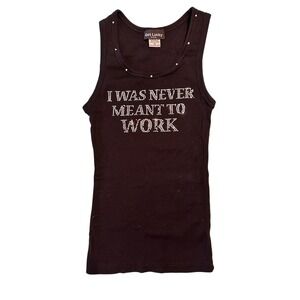 Get Lucky USA Womens Ribbed TankTop Black Rhinestone I Was Never Meant To Work M